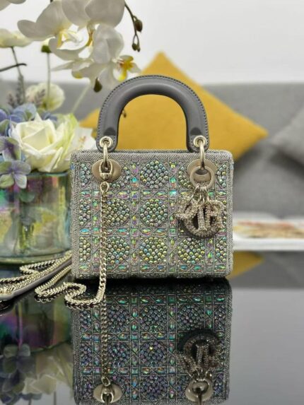 Mini Lady Dior Bag featuring rose des vents satin embroidered with beads and metallic lambskin handles