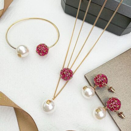 Carolina Herrera Gold and Red Flower Pearl Earring, Bracelet and Necklace Set