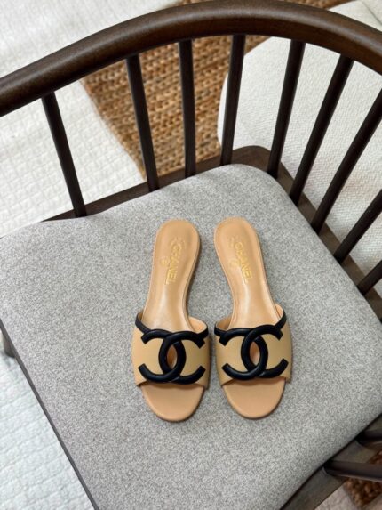Chanel CC Beige & Black Leather Mules