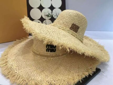 Miu Miu Oversized Fringed Raffia Wide Brim Sun Hats