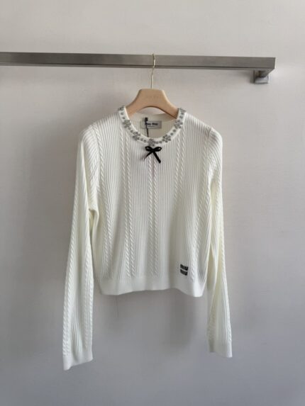 Miu Miu Crystal Embellished Cable Knit Sweater