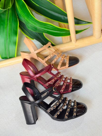 Chanel Chain-Embellished Strappy Slingback Block Heel Sandals