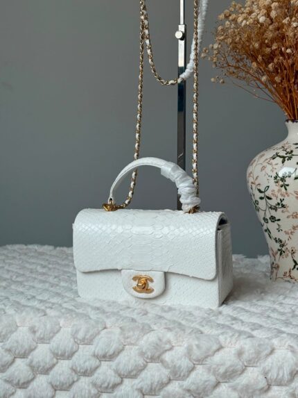 Chanel White Python Top Handle Flap Bag