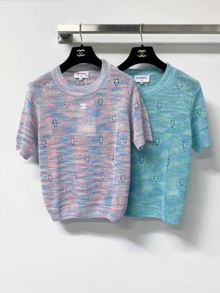Chanel CC Openwork Short-Sleeve Knit Tops