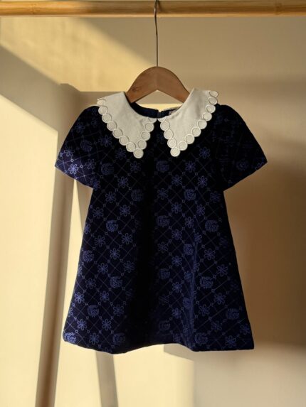 Gucci GG Embroidered Velvet Baby Girl Dress