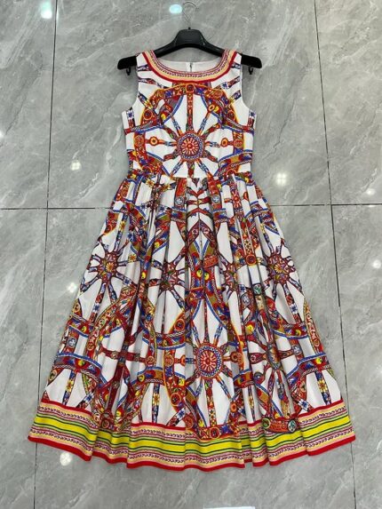Dolce & Gabbana Carretto Siciliano Print Cotton Poplin Midi Dress