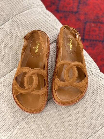 Chanel CC Suede Slingback Flat Sandals