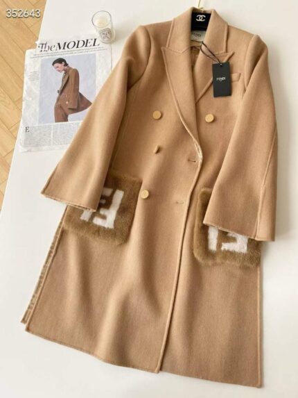 Fendi FF Logo Fur Pocket Wool Blend Double-Breasted Coat