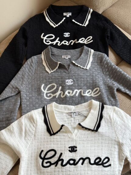 Chanel Logo Embroidered Polo Knit Tops