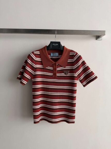 Prada Striped Rib-Knit Polo Top