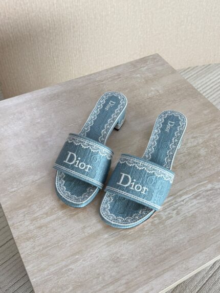 Blue Embroidered Logo Block-Heel Slides