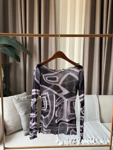 Emilio Pucci Abstract Print Sheer Mesh Tops