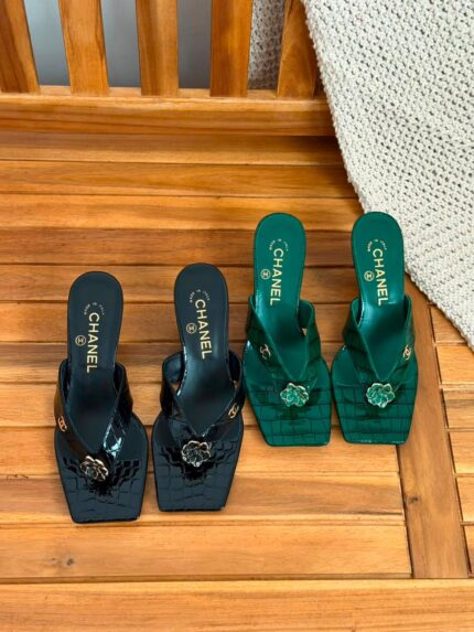 Chanel Camellia Croc Embossed Thong Heels