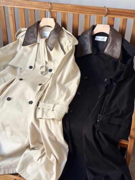 Christian Dior Leather Collar Double-Breasted Trench Coats