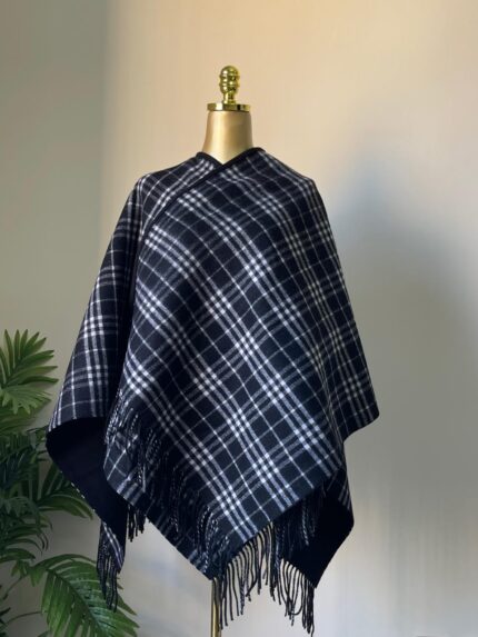 Burberry Check Wool Fringe Poncho Cape