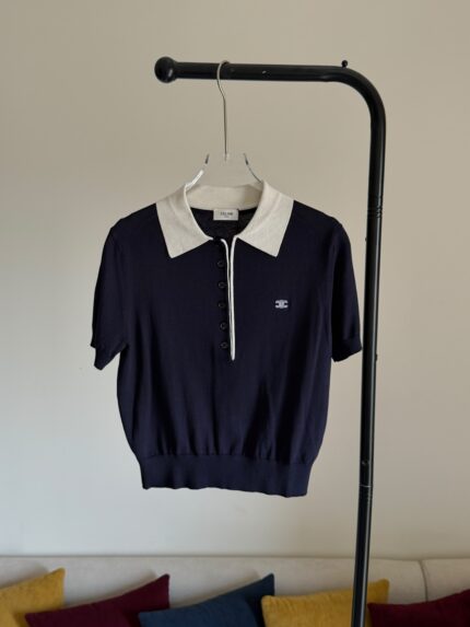 Celine Paris Contrast Collar Knit Polo Shirt
