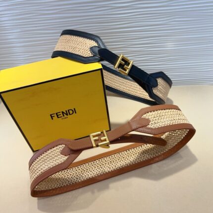 Fendi FF Buckle Woven Raffia Belts