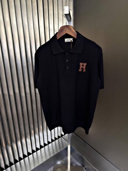 Hermès H Leather Appliqué Knit Polo Shirt