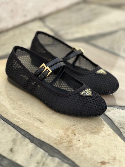Prada Mesh Double-Strap Mary Jane Ballet Flats