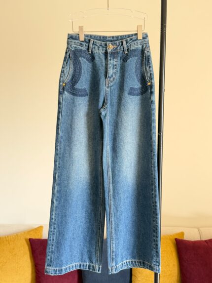 Chanel CC Logo Embroidered Wide-Leg Jeans