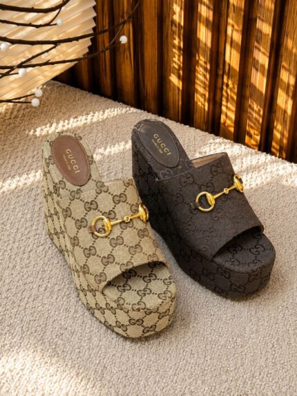 Gucci GG Canvas Horsebit Platform Wedge Slide Sandals
