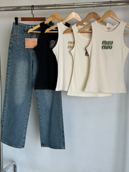 Miu Miu Embellished Logo Tank Top Crystal Embellished Sets
