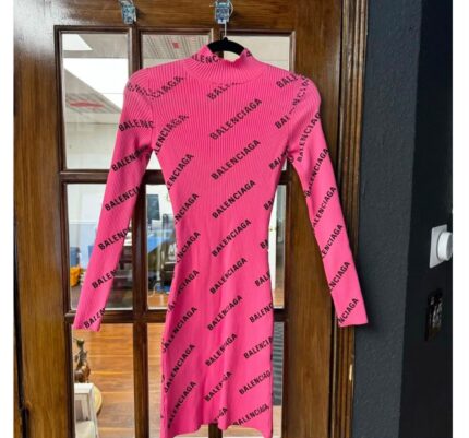 Balenciaga Logo Ribbed Knit Turtleneck Dress