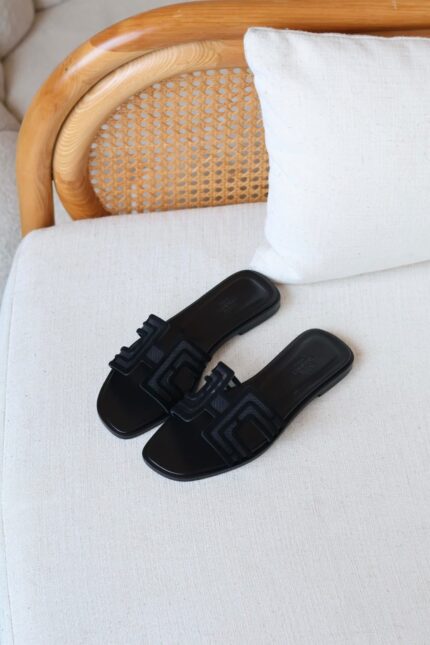 Hermes Oran Embroidered Mesh Flat Slides