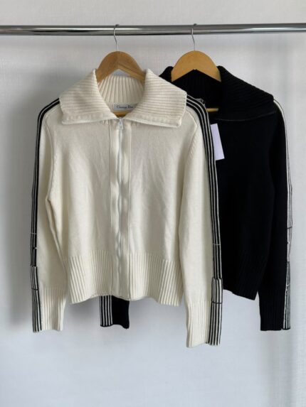Christian Dior Striped Sleeve Zip-Up Collared Cardigan Sweaters
