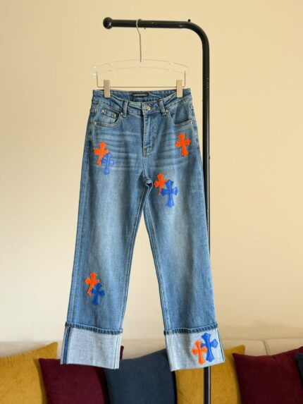Chrome Hearts Cross Patch Cuffed Straight-Leg Jeans