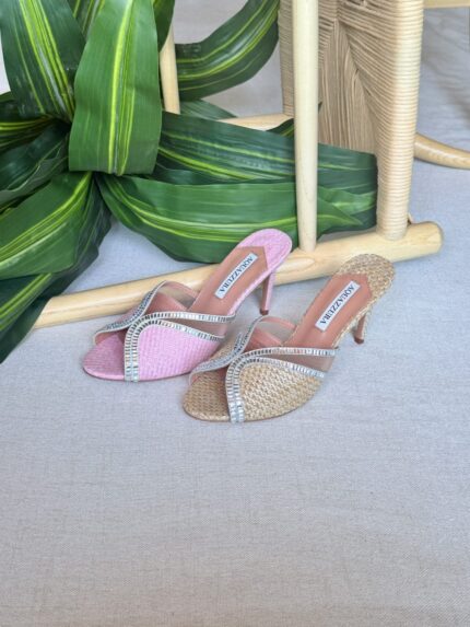 Aquazzura Crystal-Embellished Raffia Mule Sandals