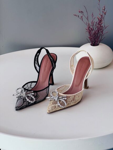 Amina Muaddi Rosie Crystal Bow Lace Slingback Pumps