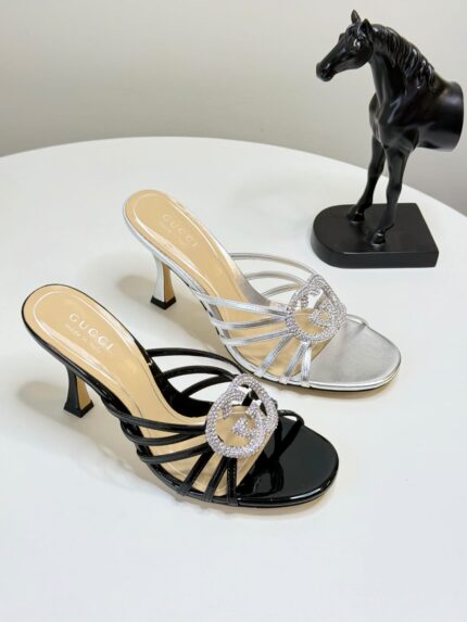 Gucci Crystal Interlocking G Strappy Heeled Sandal Mules