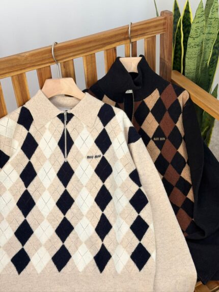 Miu Miu Argyle Wool Cashmere Zip Polo Sweaters