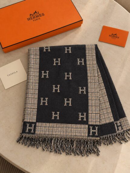 Hermes H Logo Tartan Fringed Wool Cashmere Shawls