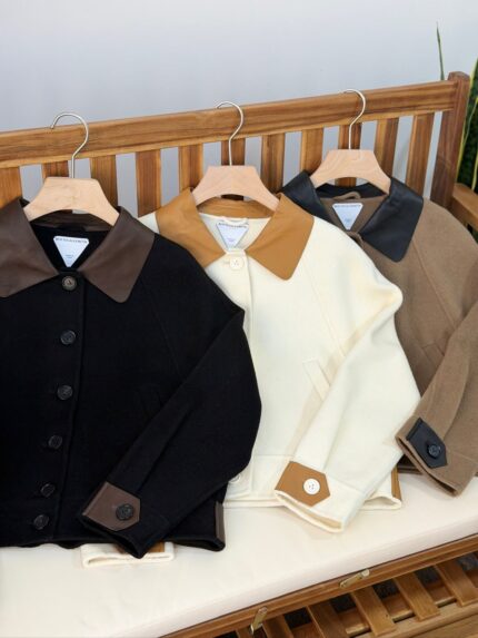 Bottega Veneta Leather Collar Cropped Wool Jackets