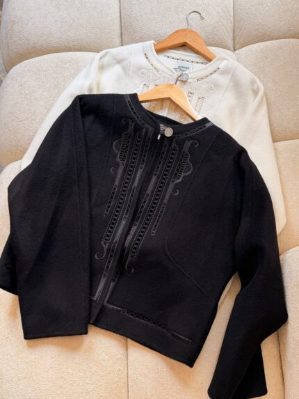 Hermes Folk Embroidered Wool-Cashmere Collarless Jackets