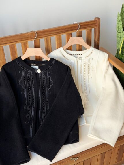 Hermes Folk Embroidered Wool-Cashmere Collarless Jackets