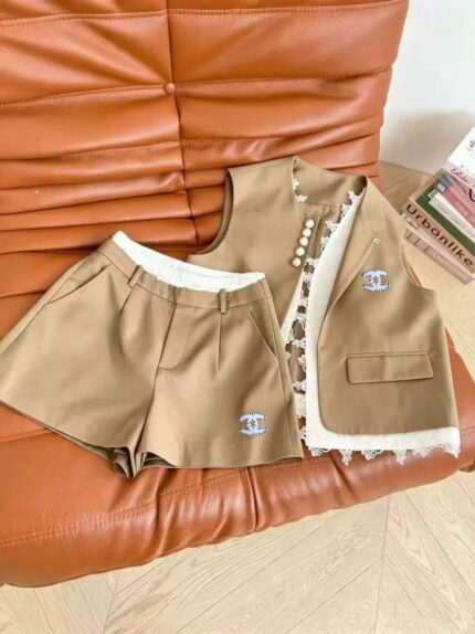 Chanel 2-Piece Lace-Trim Vest and Shorts Sets