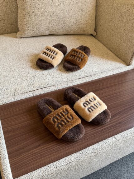 Miu Miu Shearling Logo Slides