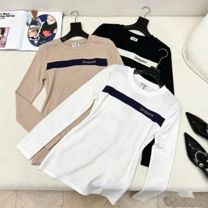 YSL Contrast Stripe Logo Long Sleeve Tops