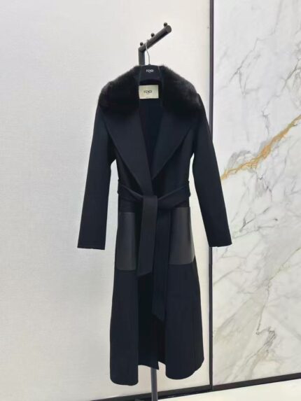 Fendi Premium Long Belted Wool Overcoat with Fur Collar