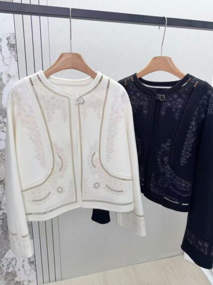 Hermes Embroidered Cashmere Blend Collarless Jackets