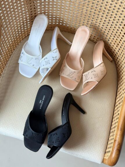 Louis Vuitton Crystal Embellished Monogram Satin Mule Heels