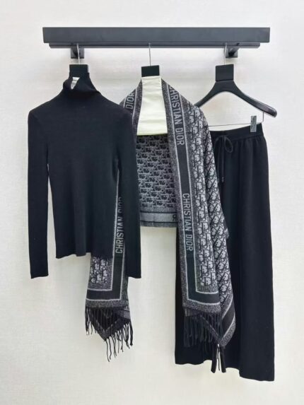 Christian Dior Oblique Monogram 3-Piece Knit Co-ord Set with Fringe shawl