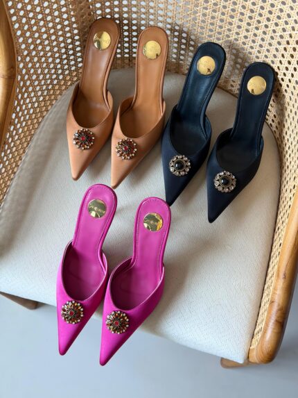 YSL Crystal Brooch Pointed Toe Satin Mule Heels