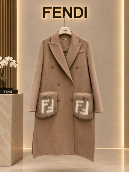 FENDI Roma Double-Breasted Wool Long Coat with FF Mink Fur Pockets