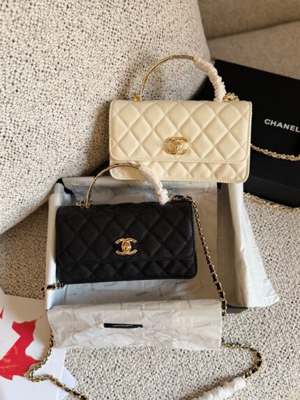 Chanel Top Handle Mini Flap Bag with Gold Chain & Diamond Quilted Caviar Leather