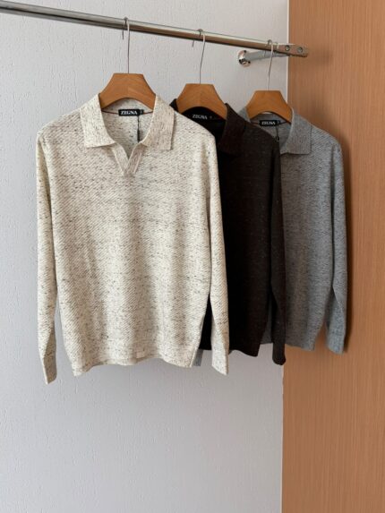 Zegna Inspired Textured Knit Long Sleeve Polo Sweaters