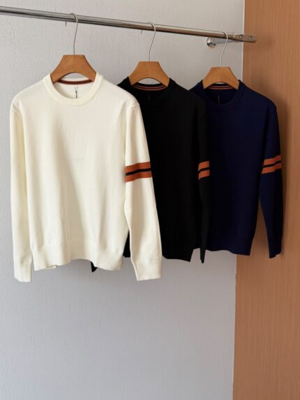 Zegna Wool Blend Crew Neck Sweater with Signature Arm Stripes